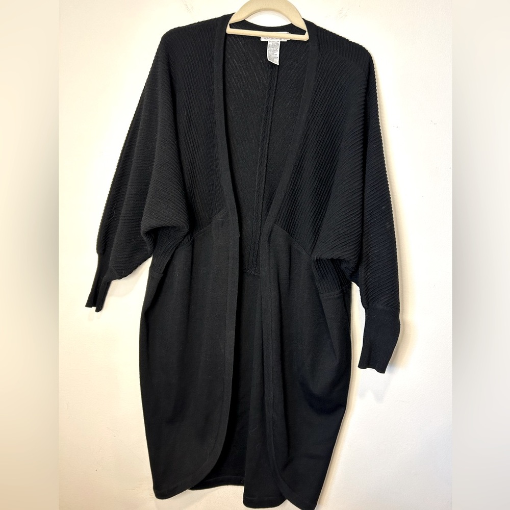 Semplice Long Open Cardigan Sweater Dolman Sleeves Women Small Black Curved Hem